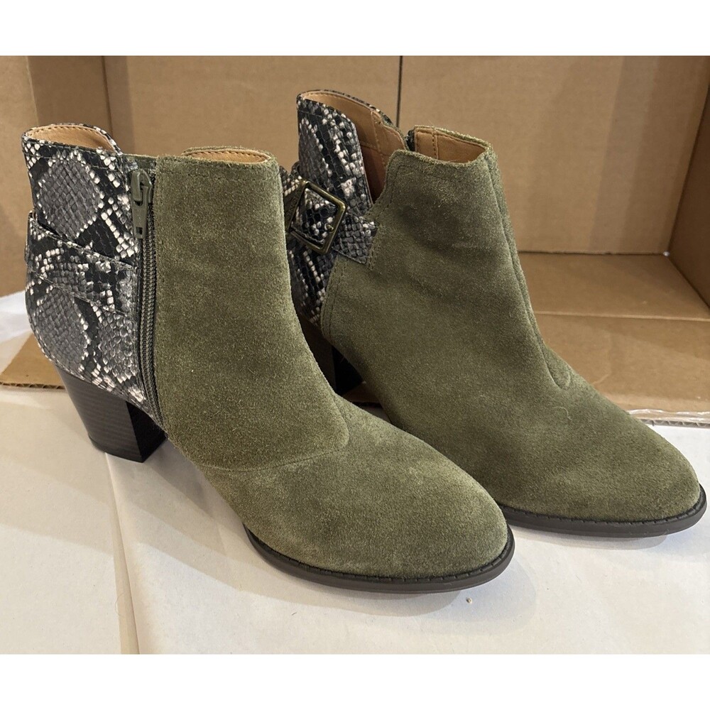 Vionic Naomi Snake Print Ankle Boots 7.5 Olive Green Suede Block Heel Buckle EUC